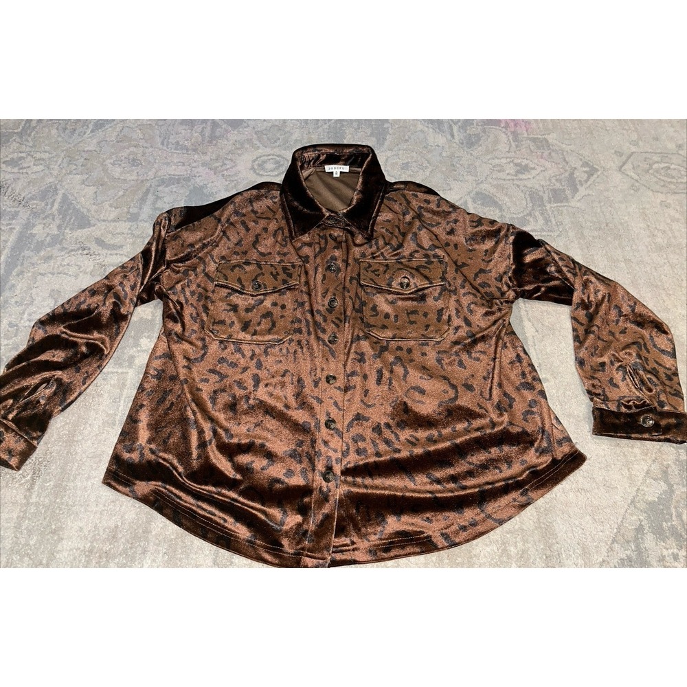 JODIFL Leopard Velvet‎ brown Shirt/ Jacket Button Up Womens Sz Medium New